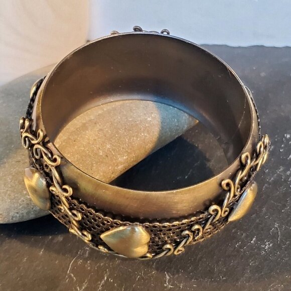 Vintage Y2K 90s Victorian Grunge Steampunk Bronze Hearts Metal Bangle Bracelet - Picture 6 of 12